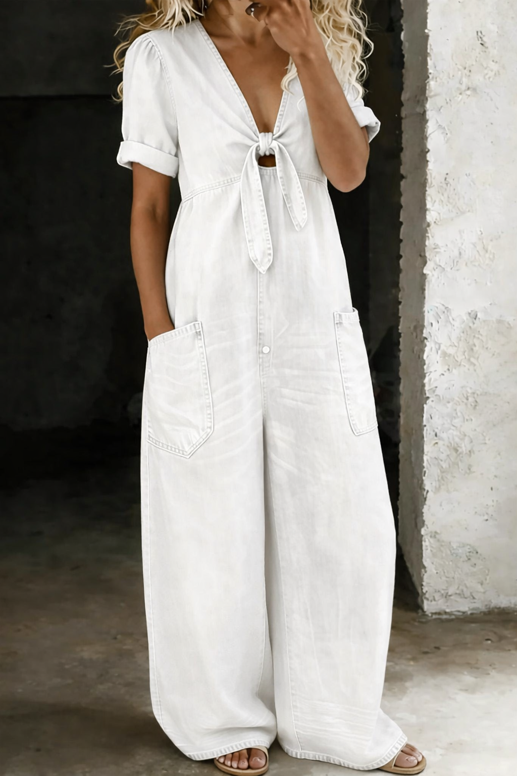 Modny kombinezon z krótkim rękawem Maya — dekolt V-neck
