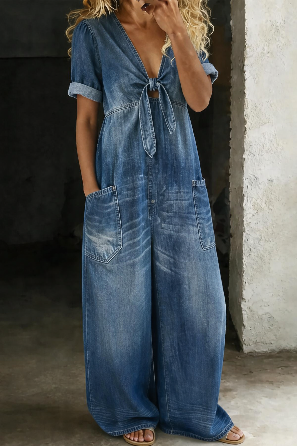 Modny kombinezon z krótkim rękawem Maya — dekolt V-neck
